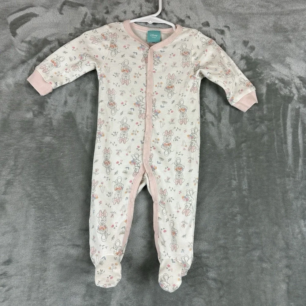 Disney Baby Romper Footed Sleeper Pajamas 3-6 Months Pink Mini Mouse Floral